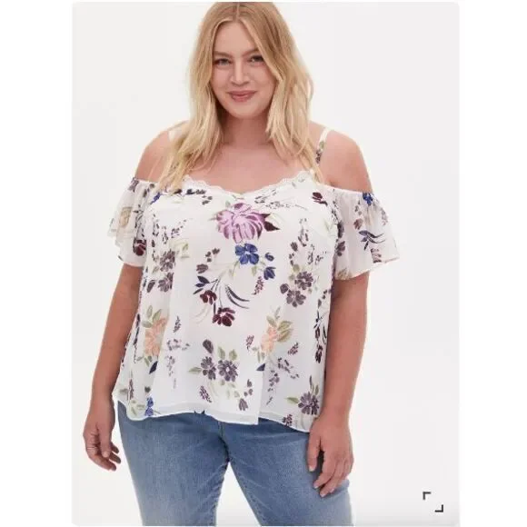 Torrid Women's Floral Print Crinkled Chiffon Cold Shoulder Blouse‎ White Size 1X - Picture 7 of 8